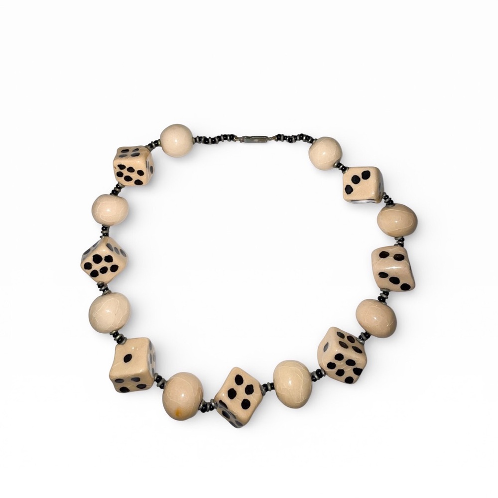 Vintage Handcrafted Glazed Ceramic Dice Beaded Necklace